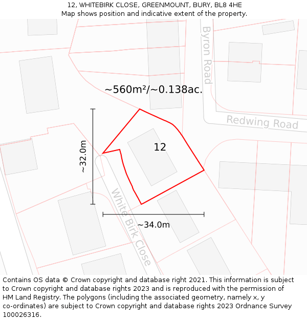 12, WHITEBIRK CLOSE, GREENMOUNT, BURY, BL8 4HE: Plot and title map