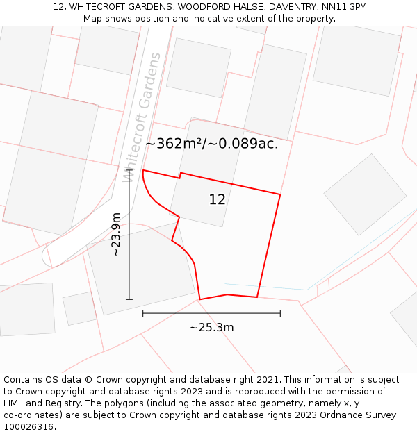 12, WHITECROFT GARDENS, WOODFORD HALSE, DAVENTRY, NN11 3PY: Plot and title map