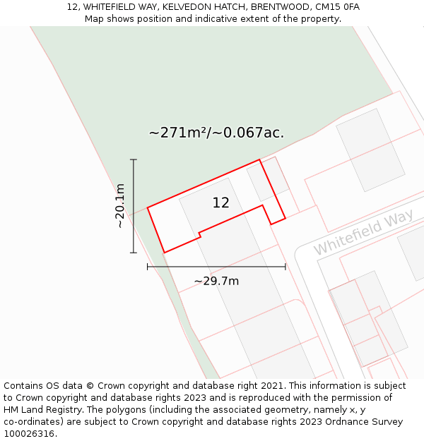 12, WHITEFIELD WAY, KELVEDON HATCH, BRENTWOOD, CM15 0FA: Plot and title map