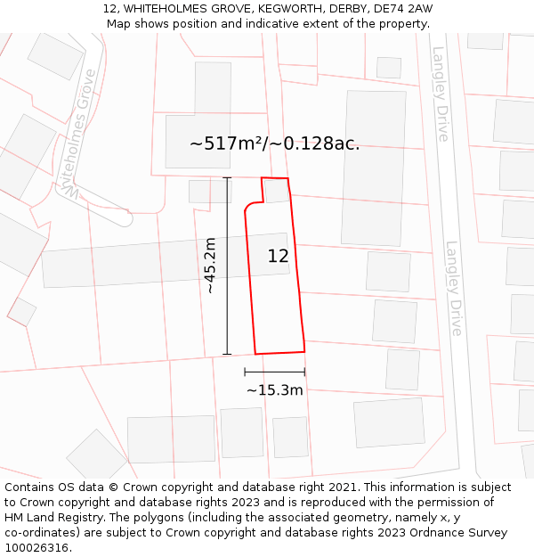 12, WHITEHOLMES GROVE, KEGWORTH, DERBY, DE74 2AW: Plot and title map