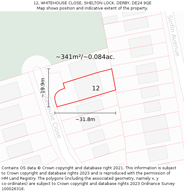 12, WHITEHOUSE CLOSE, SHELTON LOCK, DERBY, DE24 9QE: Plot and title map