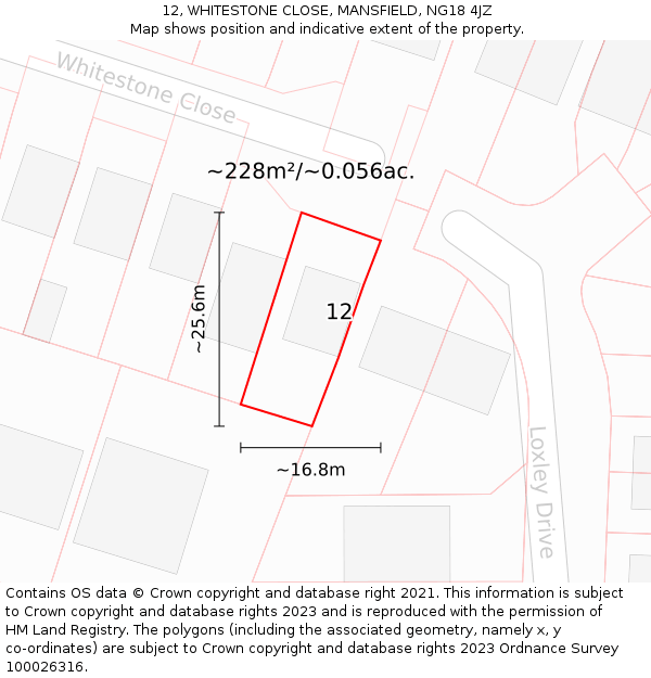 12, WHITESTONE CLOSE, MANSFIELD, NG18 4JZ: Plot and title map