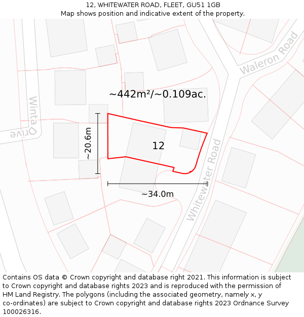 12, WHITEWATER ROAD, FLEET, GU51 1GB: Plot and title map