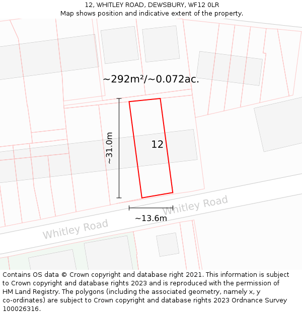 12, WHITLEY ROAD, DEWSBURY, WF12 0LR: Plot and title map