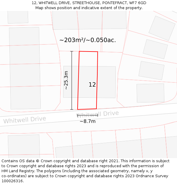 12, WHITWELL DRIVE, STREETHOUSE, PONTEFRACT, WF7 6GD: Plot and title map