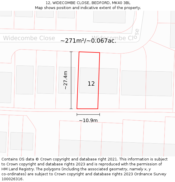 12, WIDECOMBE CLOSE, BEDFORD, MK40 3BL: Plot and title map