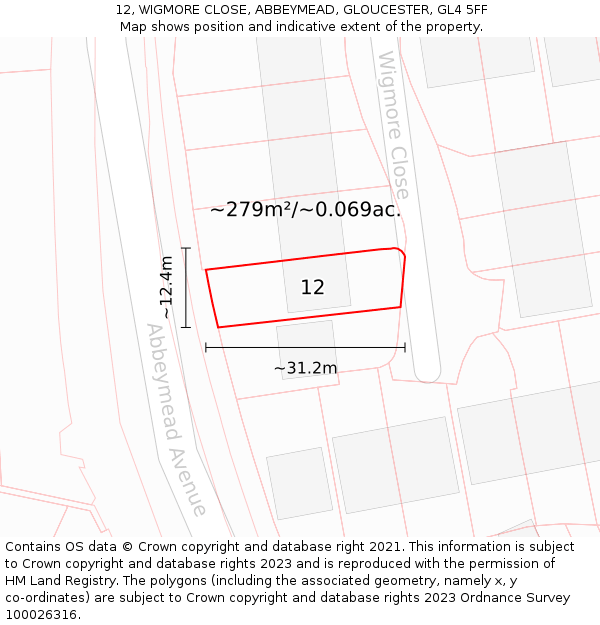 12, WIGMORE CLOSE, ABBEYMEAD, GLOUCESTER, GL4 5FF: Plot and title map