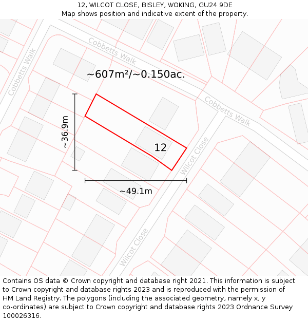 12, WILCOT CLOSE, BISLEY, WOKING, GU24 9DE: Plot and title map