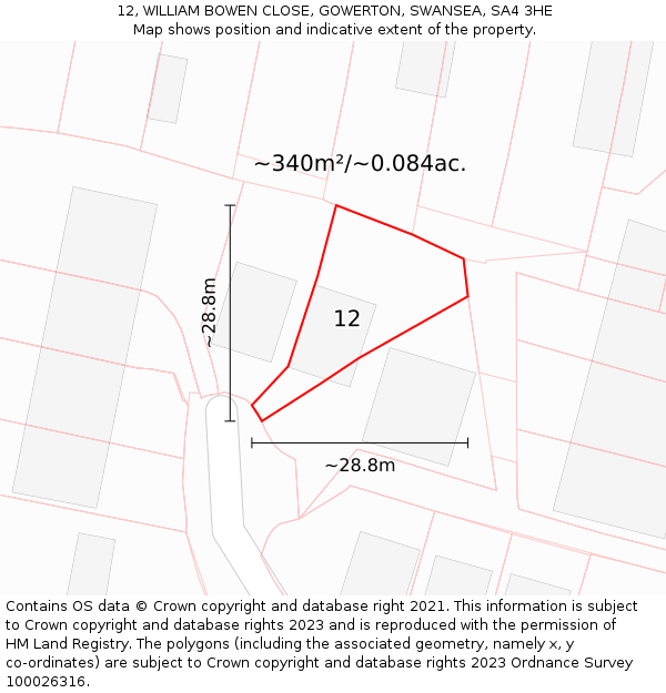 12, WILLIAM BOWEN CLOSE, GOWERTON, SWANSEA, SA4 3HE: Plot and title map