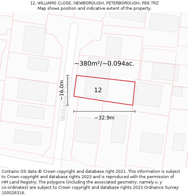 12, WILLIAMS CLOSE, NEWBOROUGH, PETERBOROUGH, PE6 7RZ: Plot and title map