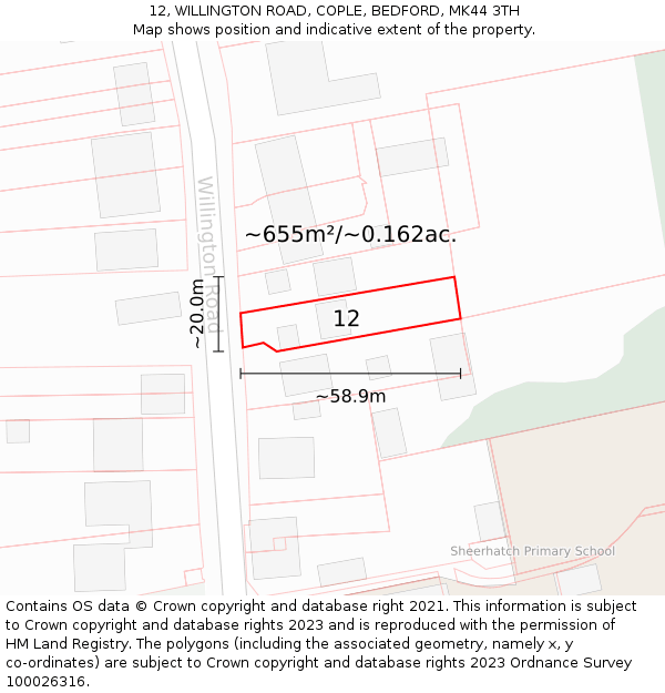 12, WILLINGTON ROAD, COPLE, BEDFORD, MK44 3TH: Plot and title map