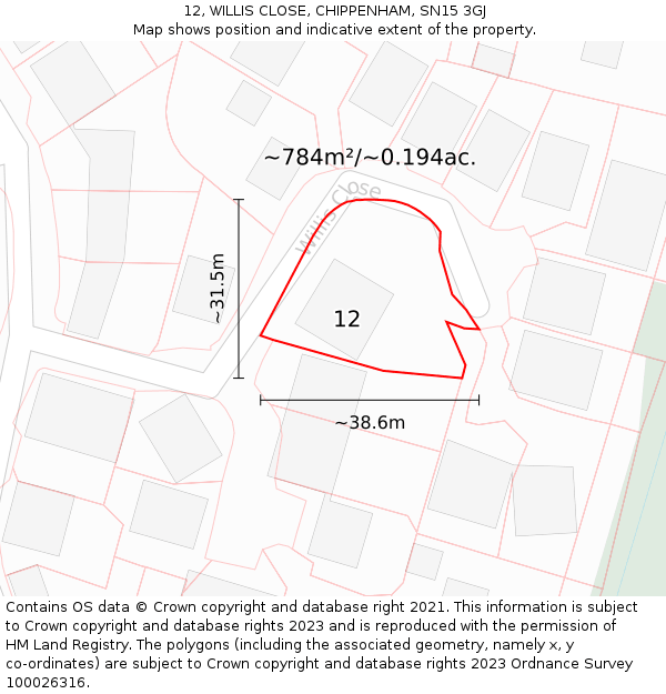 12, WILLIS CLOSE, CHIPPENHAM, SN15 3GJ: Plot and title map