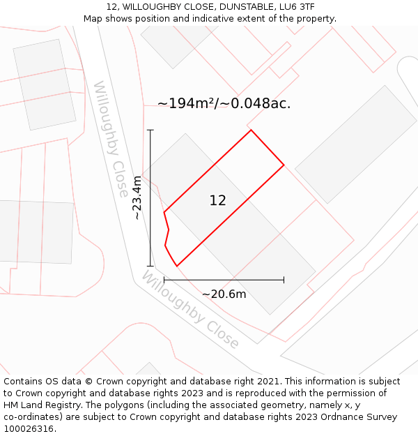 12, WILLOUGHBY CLOSE, DUNSTABLE, LU6 3TF: Plot and title map