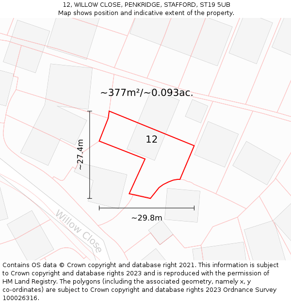 12, WILLOW CLOSE, PENKRIDGE, STAFFORD, ST19 5UB: Plot and title map
