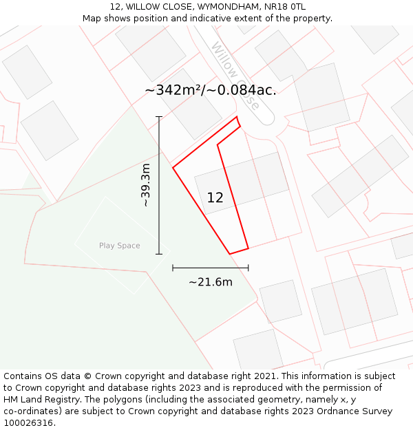 12, WILLOW CLOSE, WYMONDHAM, NR18 0TL: Plot and title map