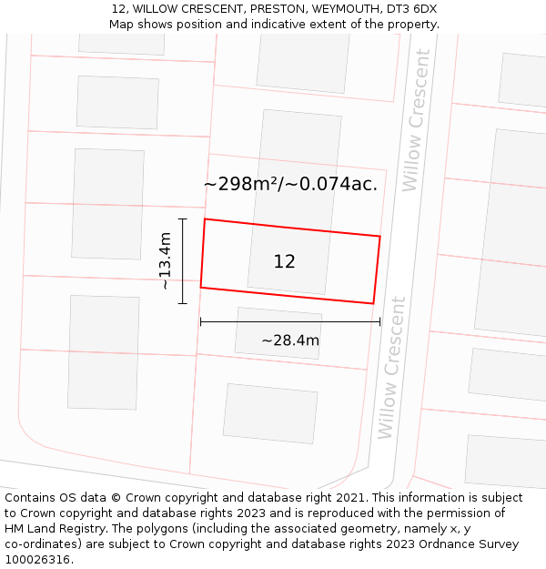 12, WILLOW CRESCENT, PRESTON, WEYMOUTH, DT3 6DX: Plot and title map