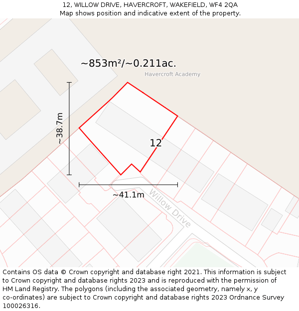 12, WILLOW DRIVE, HAVERCROFT, WAKEFIELD, WF4 2QA: Plot and title map