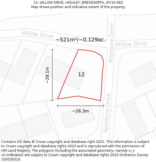 12, WILLOW DRIVE, HIGHLEY, BRIDGNORTH, WV16 6ED: Plot and title map