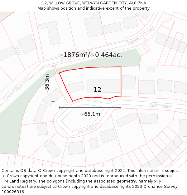 12, WILLOW GROVE, WELWYN GARDEN CITY, AL8 7NA: Plot and title map