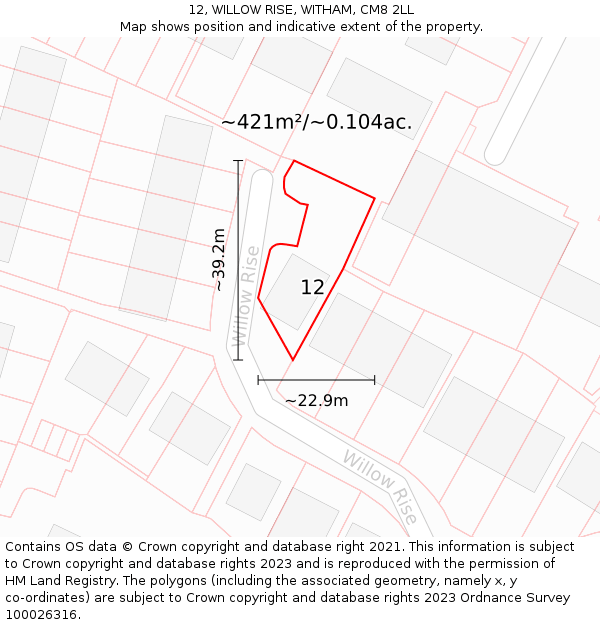 12, WILLOW RISE, WITHAM, CM8 2LL: Plot and title map