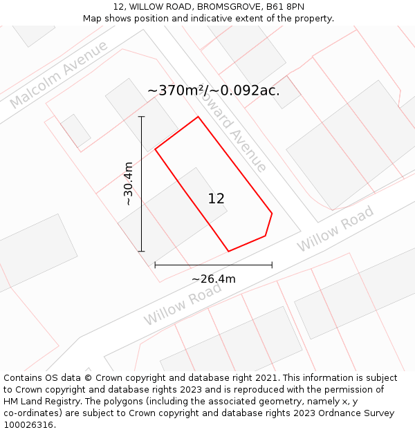 12, WILLOW ROAD, BROMSGROVE, B61 8PN: Plot and title map