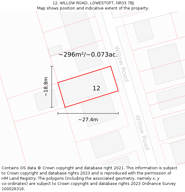 12, WILLOW ROAD, LOWESTOFT, NR33 7BJ: Plot and title map