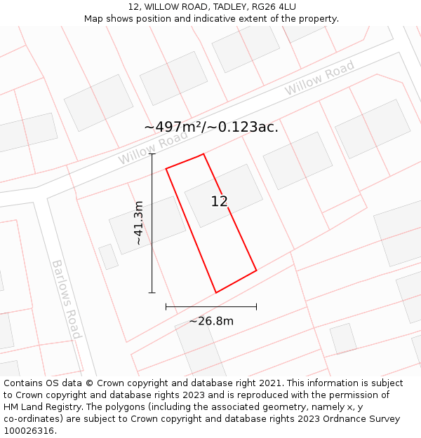 12, WILLOW ROAD, TADLEY, RG26 4LU: Plot and title map