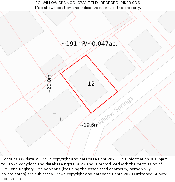 12, WILLOW SPRINGS, CRANFIELD, BEDFORD, MK43 0DS: Plot and title map