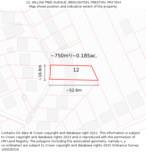 12, WILLOW TREE AVENUE, BROUGHTON, PRESTON, PR3 5DH: Plot and title map