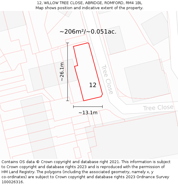12, WILLOW TREE CLOSE, ABRIDGE, ROMFORD, RM4 1BL: Plot and title map