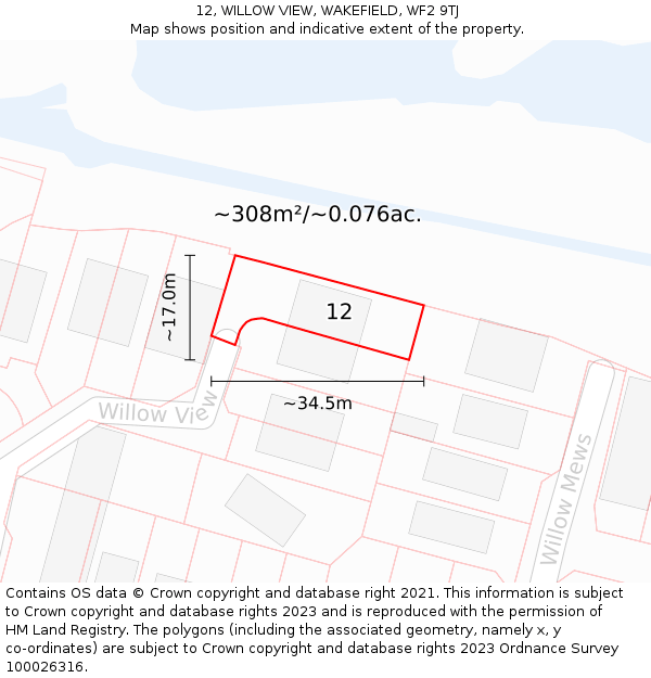 12, WILLOW VIEW, WAKEFIELD, WF2 9TJ: Plot and title map