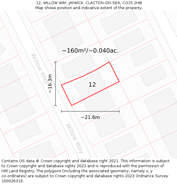 12, WILLOW WAY, JAYWICK, CLACTON-ON-SEA, CO15 2HB: Plot and title map