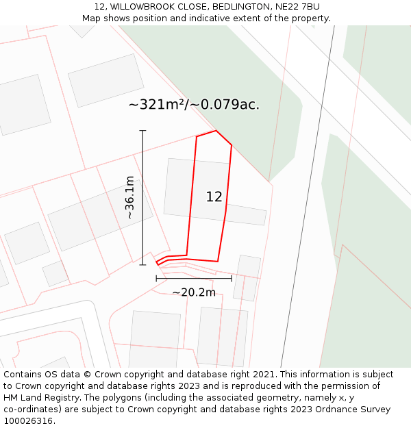 12, WILLOWBROOK CLOSE, BEDLINGTON, NE22 7BU: Plot and title map