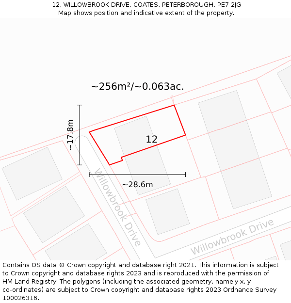 12, WILLOWBROOK DRIVE, COATES, PETERBOROUGH, PE7 2JG: Plot and title map