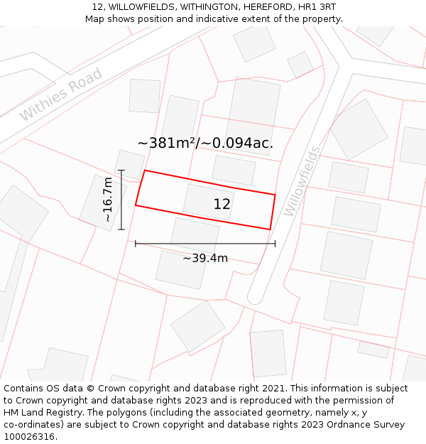 12, WILLOWFIELDS, WITHINGTON, HEREFORD, HR1 3RT: Plot and title map