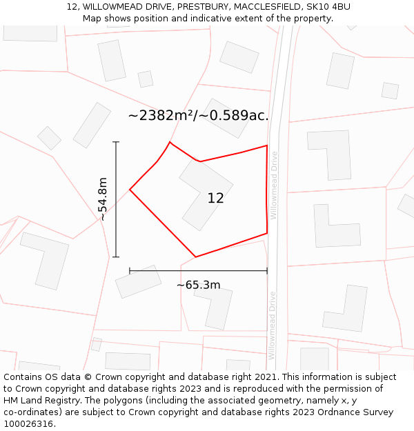 12, WILLOWMEAD DRIVE, PRESTBURY, MACCLESFIELD, SK10 4BU: Plot and title map