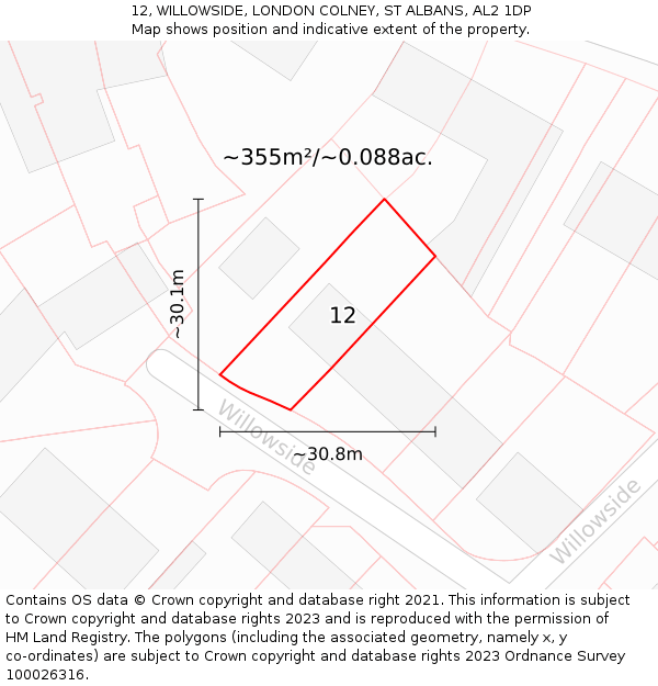 12, WILLOWSIDE, LONDON COLNEY, ST ALBANS, AL2 1DP: Plot and title map