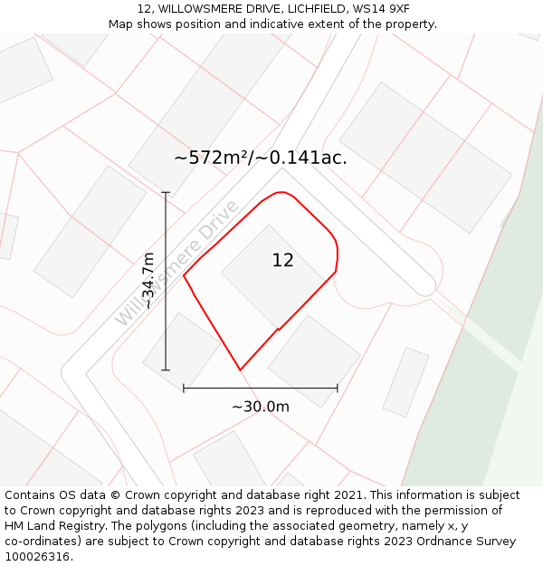 12, WILLOWSMERE DRIVE, LICHFIELD, WS14 9XF: Plot and title map