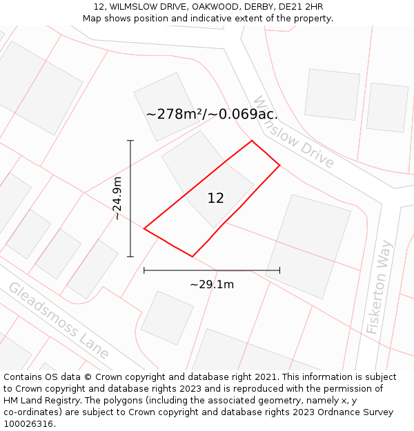 12, WILMSLOW DRIVE, OAKWOOD, DERBY, DE21 2HR: Plot and title map