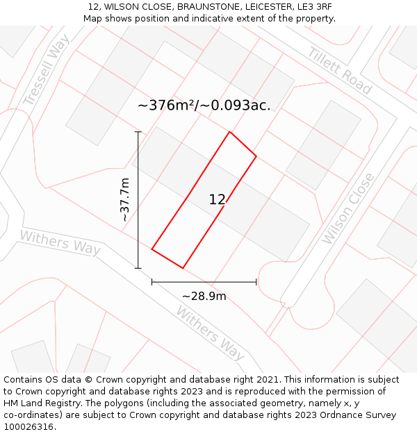 12, WILSON CLOSE, BRAUNSTONE, LEICESTER, LE3 3RF: Plot and title map