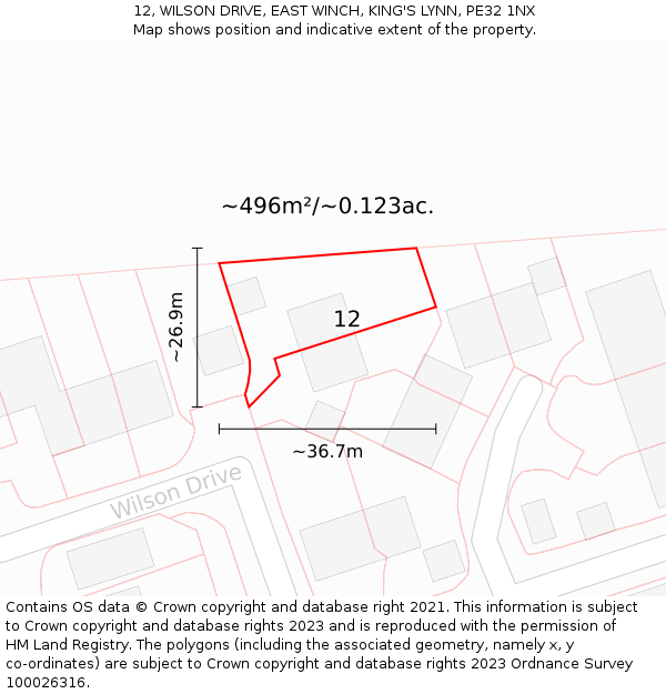 12, WILSON DRIVE, EAST WINCH, KING'S LYNN, PE32 1NX: Plot and title map