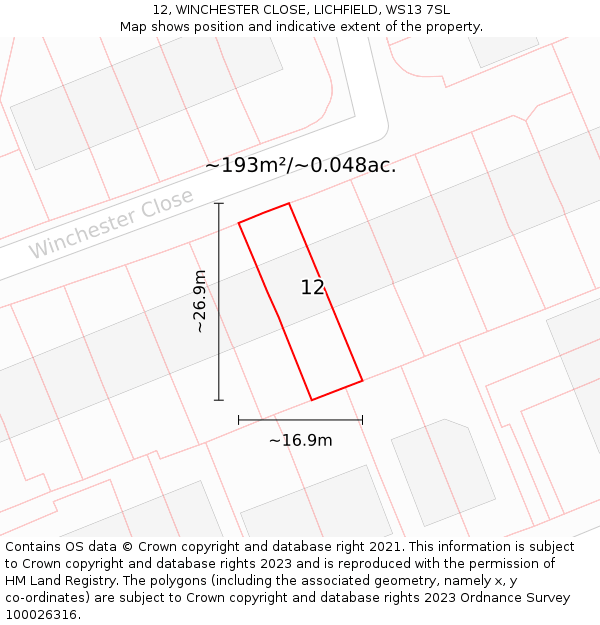 12, WINCHESTER CLOSE, LICHFIELD, WS13 7SL: Plot and title map