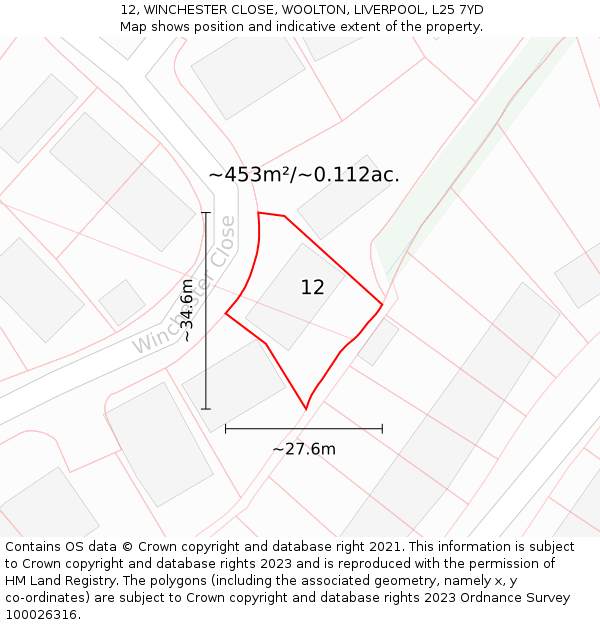 12, WINCHESTER CLOSE, WOOLTON, LIVERPOOL, L25 7YD: Plot and title map