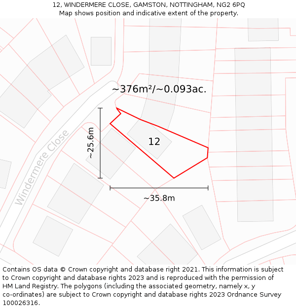 12, WINDERMERE CLOSE, GAMSTON, NOTTINGHAM, NG2 6PQ: Plot and title map