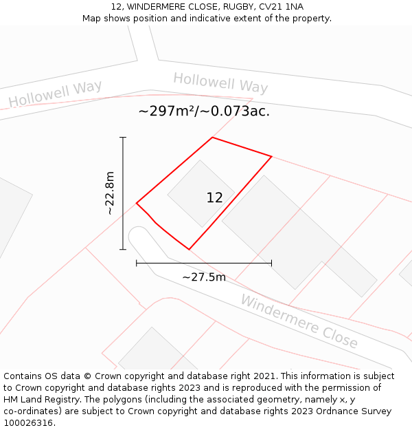 12, WINDERMERE CLOSE, RUGBY, CV21 1NA: Plot and title map