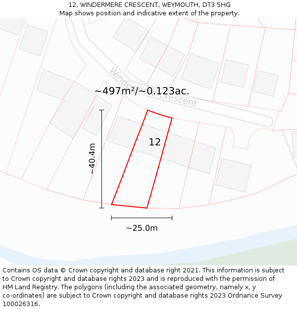 12, WINDERMERE CRESCENT, WEYMOUTH, DT3 5HG: Plot and title map