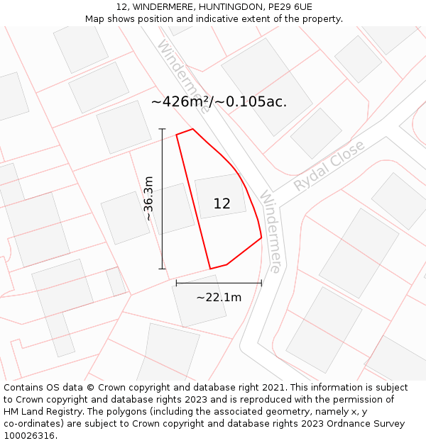 12, WINDERMERE, HUNTINGDON, PE29 6UE: Plot and title map