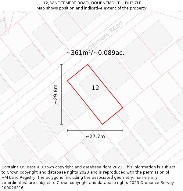 12, WINDERMERE ROAD, BOURNEMOUTH, BH3 7LF: Plot and title map