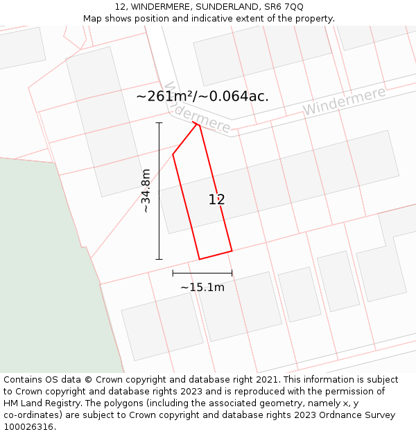 12, WINDERMERE, SUNDERLAND, SR6 7QQ: Plot and title map