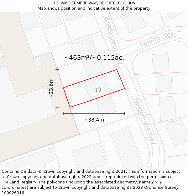 12, WINDERMERE WAY, REIGATE, RH2 0LW: Plot and title map